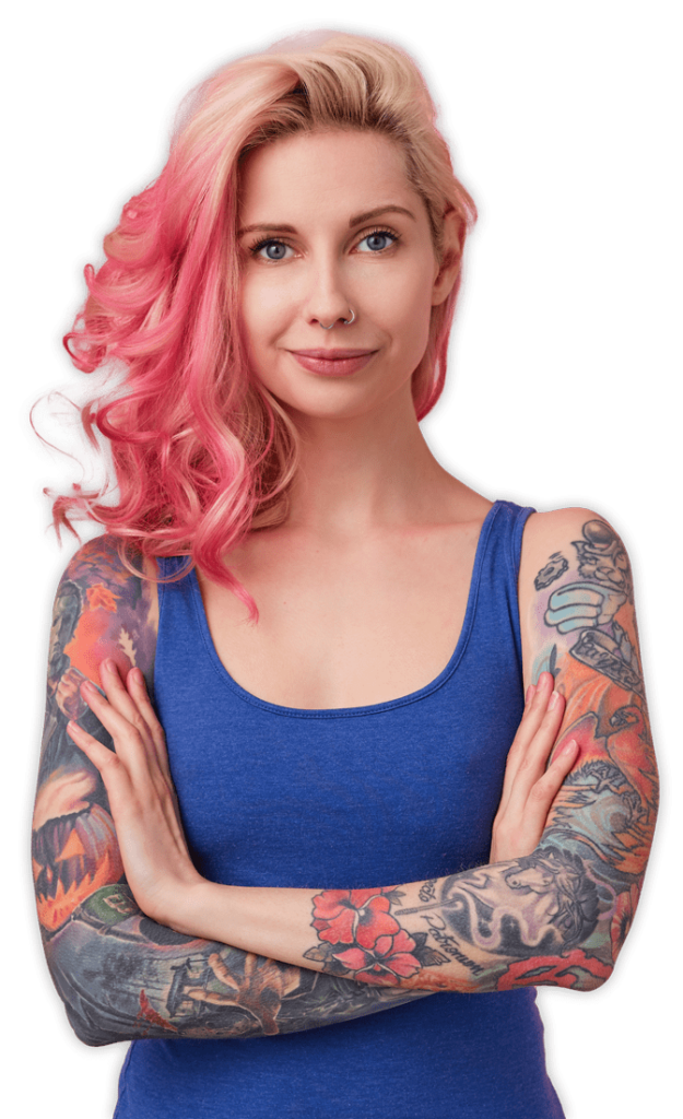 Symbolbild Tattooentfernung Kosten: Frau mit bunten Tattoos auf den Armen